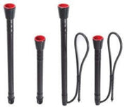 Set of black whips with red tips on a white background