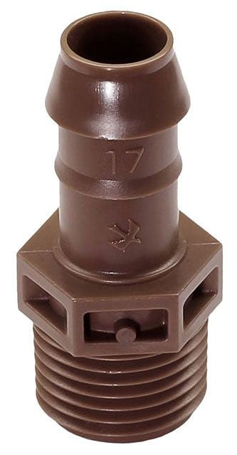A brown Rain Bird 17mm Barb X 1/2" MPT Male Adapter for drip irrigation systems.