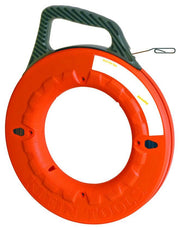 Klein Tools 120-foot flat steel fish tape in a bright orange plastic spool with a black handle, 