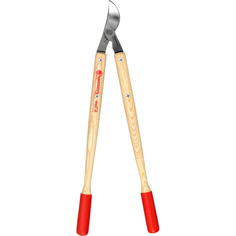 A bypass lopper with wooden handles and a steel blade, featuring red handles and a natural wood shaft.