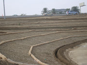 Dried-up riverbed with sand and ropes, cars on a road in the background