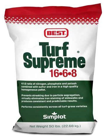 A bag of 'Best Turf Supreme 16-6-8' fertilizer with a white and red design, indicating a 50lb weight and coverage for 8000 square feet.
