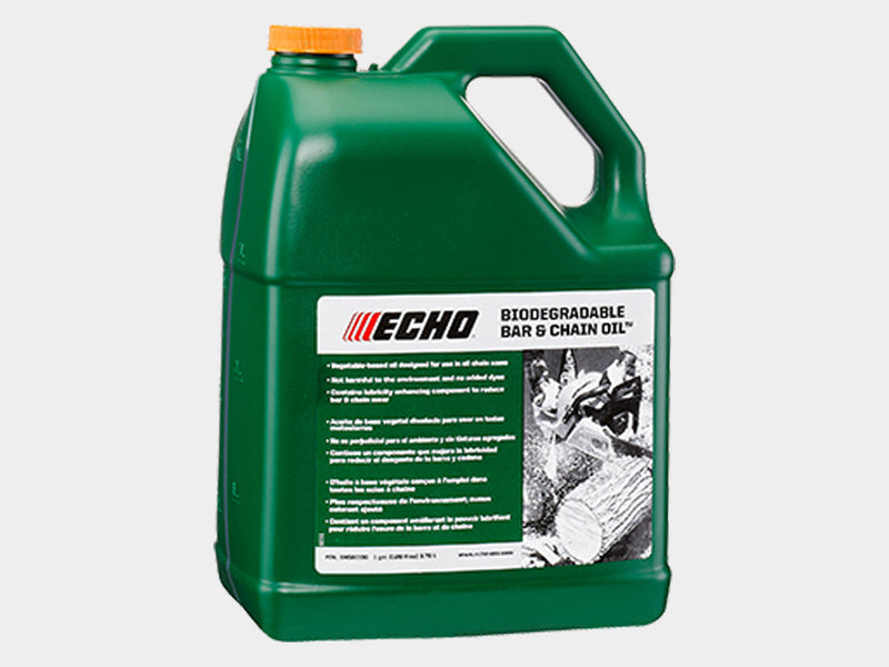 A green plastic gallon container of Echo Bio-Degradable Bar and Chain Oil with label and safety instructions.
