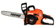 Echo brand chainsaw with orange and black color scheme, featuring a 16-inch bar and chain.