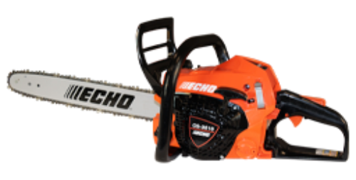 Echo brand chainsaw with orange and black color scheme, featuring a 16-inch bar and chain.