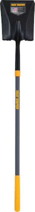 Shovel with a black handle and yellow accents on a white background