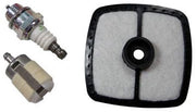 A set of hedge trimmer tune-up kit which includes a fuel filter, air filter, and spark plug.