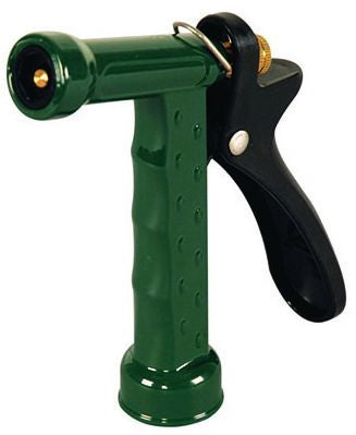 A green and black Christy full-size zinc pistol grip nozzle for garden hose.