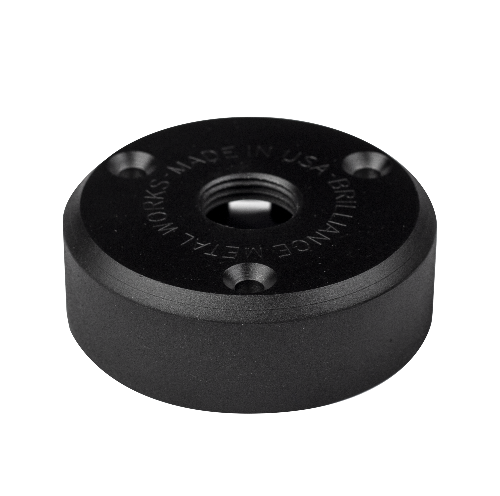A black cerakote deck mount with brass screws for landscape lighting, made in the USA.