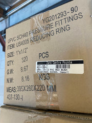 A cardboard shipping box for UPVC SCH40 pressure fittings, specifically a reducing ring. The box has black printed text detailing the item number US4005, size 1x1.