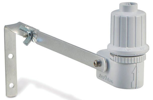 A Rain Bird wired rain sensor mounted on an aluminum bracket, predominantly white in color.