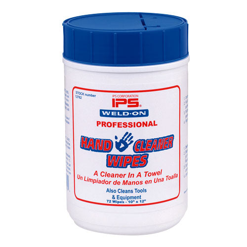 A container of Weld-On professional hand cleaner wipes with the label showing the product name and description.