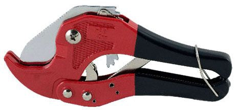 A red and black Aqualine 1 inch ratcheting pipe cutter with a transparent handle.