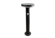 Black solar-powered pathway light fixture with a round solar panel on top and a cylindrical design.