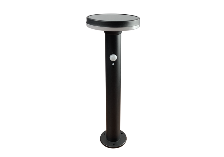 Black solar-powered pathway light fixture with a round solar panel on top and a cylindrical design.