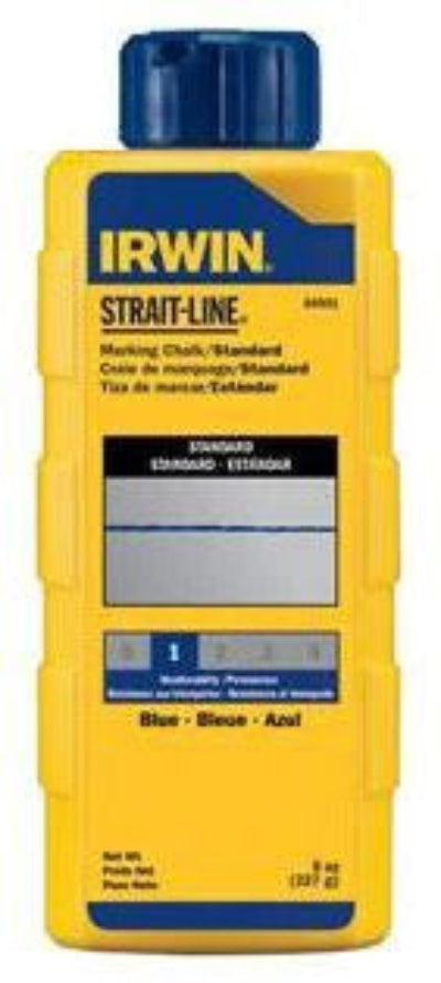 A yellow plastic container of Christy 8 OZ blue marking chalk with the label 'STRAIGHT LINE' on the top.