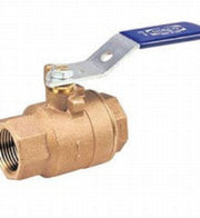 Nibco 1" bronze ball valve with a blue handle, featuring a female threaded connection and a lever for operation.