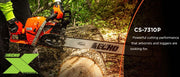 Echo chainsaw cutting a log with branding and product name displayed.