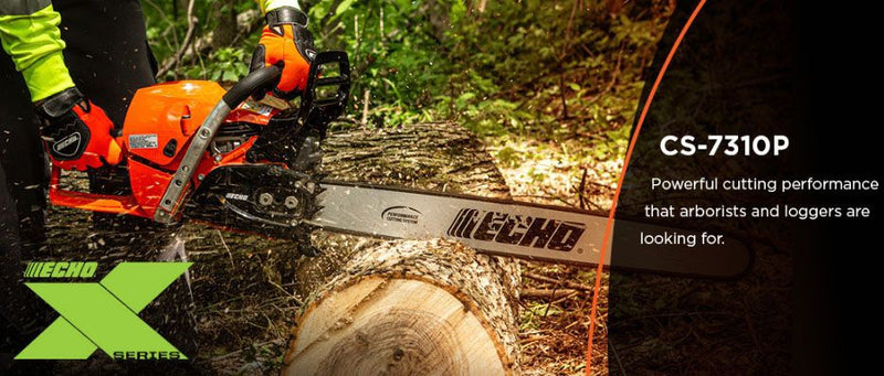 Echo chainsaw cutting a log with branding and product name displayed.