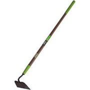 A garden hoe with a green cushion grip handle and a brown fiberglass handle, featuring a steel blade for weeding.