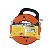 Klein Tools 120-foot flat steel fish tape in a bright orange plastic spool with a black handle, wrapped in a clear protective plastic sleeve with a yellow and black retail label.