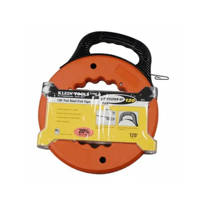 Klein Tools 120-foot flat steel fish tape in a bright orange plastic spool with a black handle, wrapped in a clear protective plastic sleeve with a yellow and black retail label.