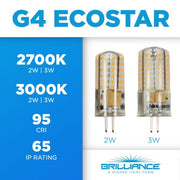 G4 EcoStar LED bulbs with specifications on a blue and white background, featuring the Brilliance brand.