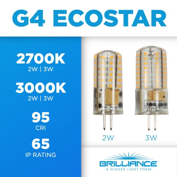 G4 EcoStar LED bulbs with specifications on a blue and white background, featuring the Brilliance brand.
