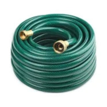 Green garden hose with brass connectors on a white background