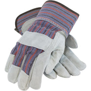 Pair of gloves with striped purple and gray cuffs on a white background