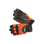 A pair of orange and black work gloves shown against a plain white background, displaying both the back of the hand and the palm side.
