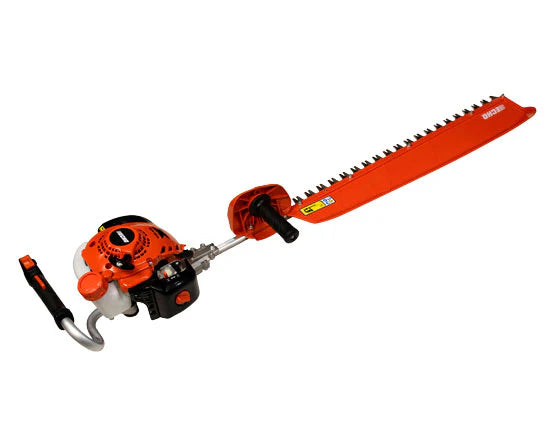Orange and black hedge trimmer on a white background