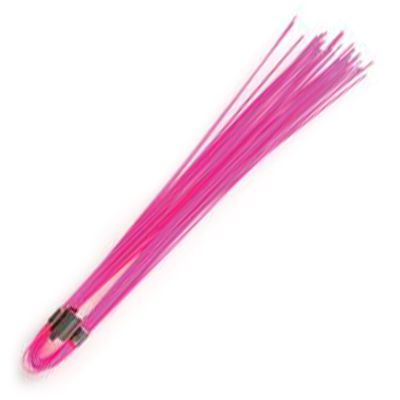 Pink fishing lure with multiple hooks on a white background