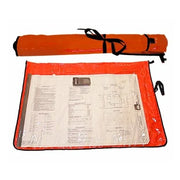 An Outpak plan bag with a red exterior, laid flat and open to show a white interior with printed plans visible. The bag appears to be made of a PVC material and has a rolled-up state beside it.