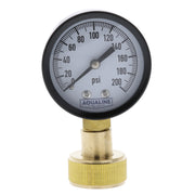 Pressure gauge with brass connection on a white background, branded 'Aqualine'.
