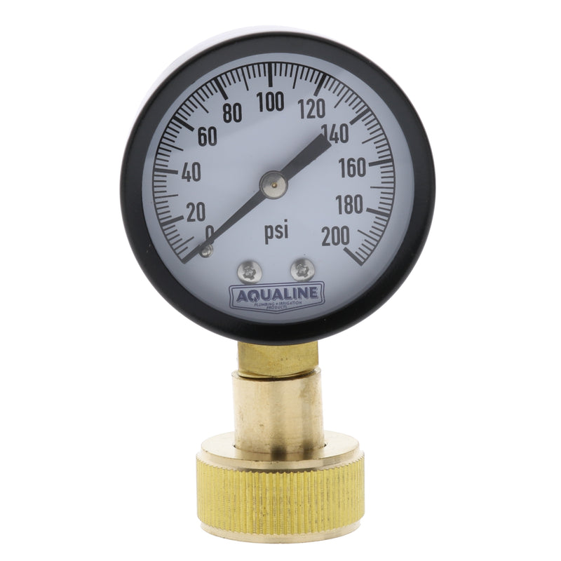 Pressure gauge with brass connection on a white background, branded 'Aqualine'.