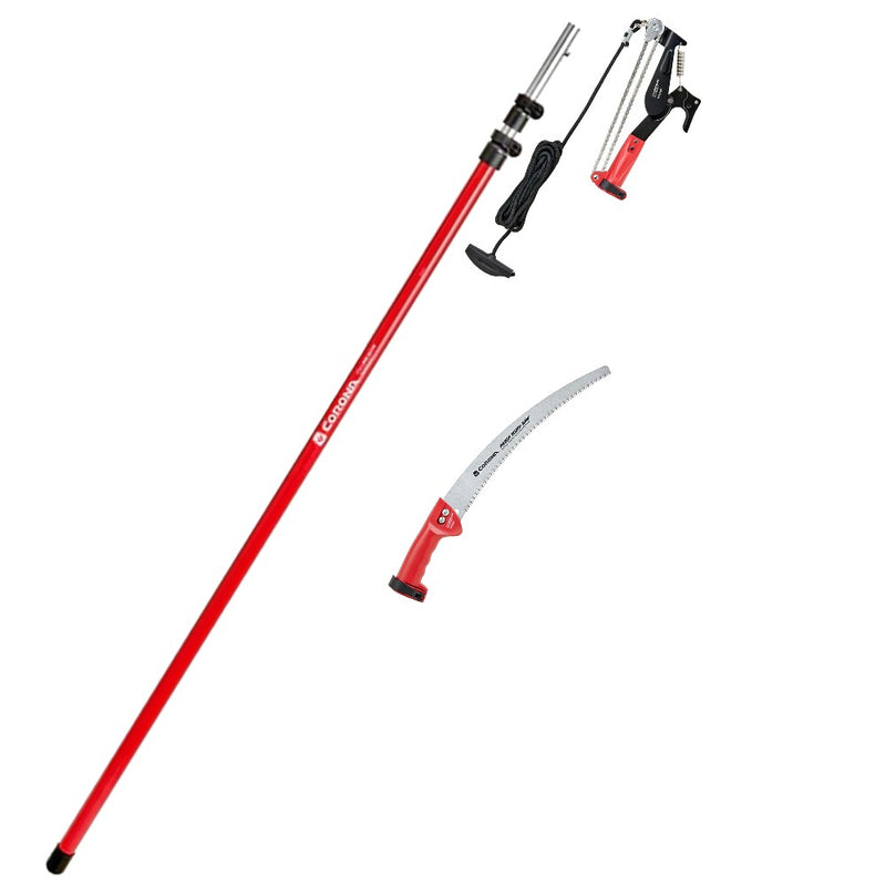 A red and silver pole saw with an included curved hand saw and a black extension handle, displayed on a clean white background.