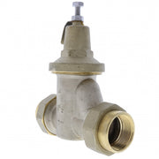 A double union pressure reducing valve with brass bonnet and stainless steel body, including end connection union x union.