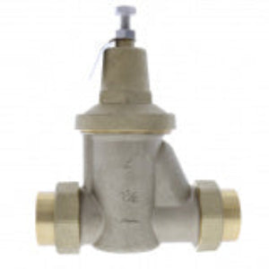 A beige and gold double union pressure reducing valve with a PVC bonnet and stainless steel nozzle.