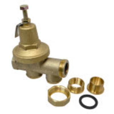 Brass valve assembly with various parts on a white background
