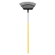 A long-handled garden rake with a black multi-tooth head and a yellow-and-silver handle, isolated on a white background.