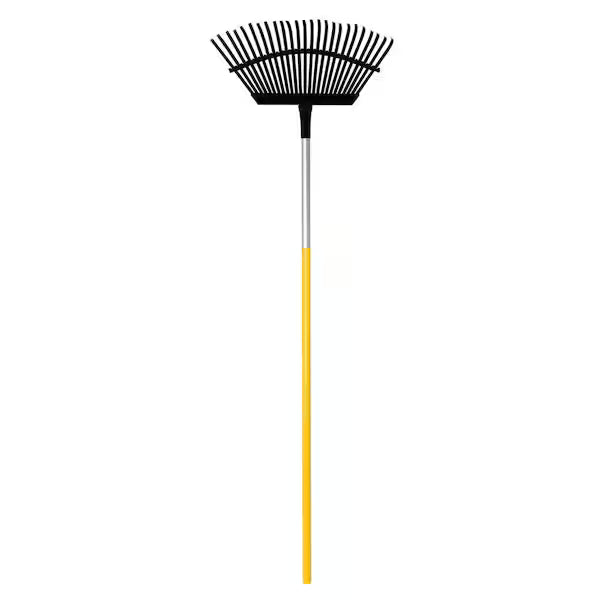 A long-handled garden rake with a black multi-tooth head and a yellow-and-silver handle, isolated on a white background.