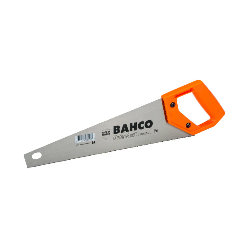 A Bahco hand saw with a silver metal blade and a bright orange ergonomic handle, shown on a plain white background.