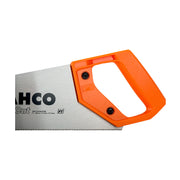 A HACHO Cut hand saw with a silver metal blade and a bright orange plastic handle, shown on a plain white background.
