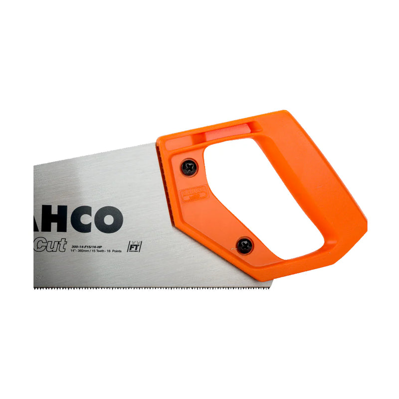 A HACHO Cut hand saw with a silver metal blade and a bright orange plastic handle, shown on a plain white background.