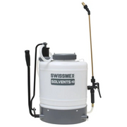 A white 4 gallon backpack sprayer with a blue fan tip and brass wand, labeled 'SWISSMEX SOLVENTS'.