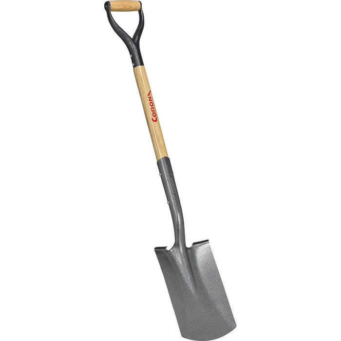A Corona brand closed-back nursery spade with a 30 inch handle, featuring a tempered steel blade and an ash wood D-handle.