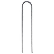 A single U-shaped metal stake with a textured, weathered gray finish, isolated on a solid white background.