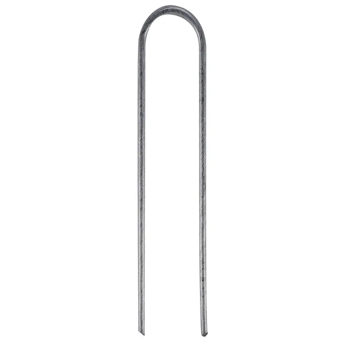 A single U-shaped metal stake with a textured, weathered gray finish, isolated on a solid white background.
