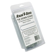 Rain Bird Tie Down Stake package containing 50 galvanized steel stakes, shown in clear plastic packaging with a white label.